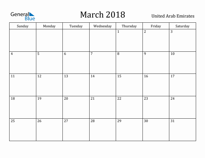 March 2018 Calendar United Arab Emirates