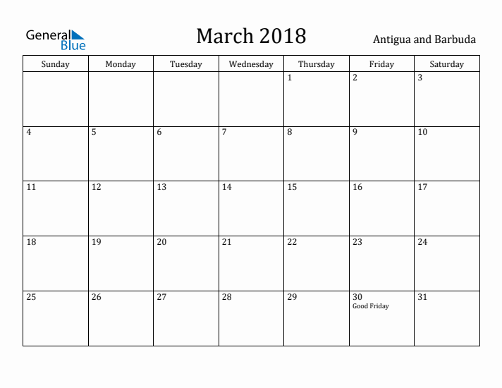 March 2018 Calendar Antigua and Barbuda