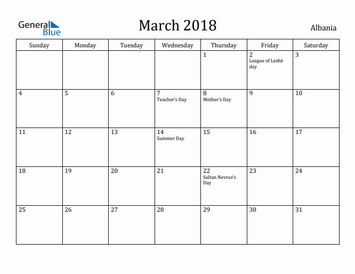 March 2018 Calendar Albania