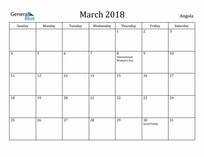 March 2018 Calendar Angola