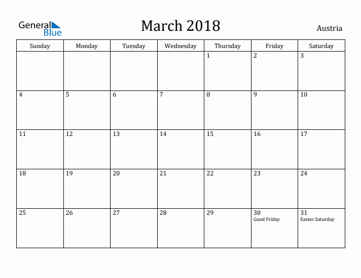 March 2018 Calendar Austria