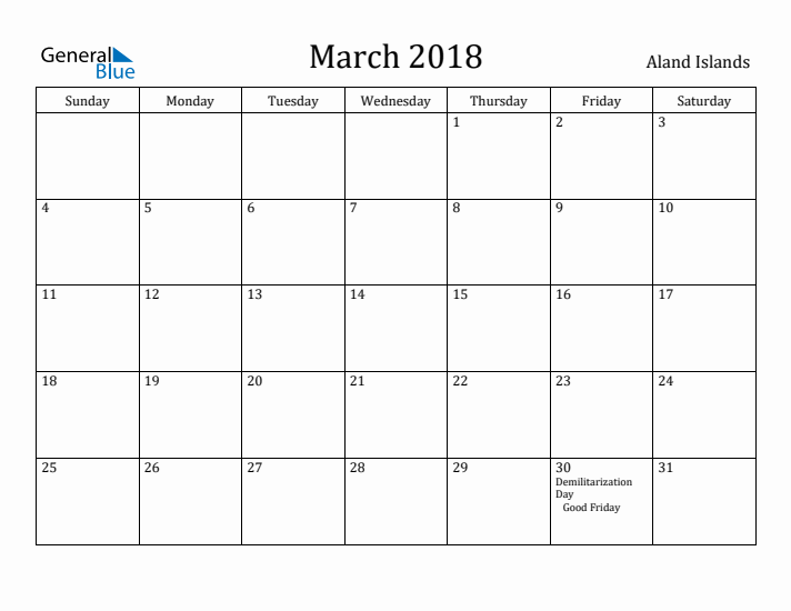 March 2018 Calendar Aland Islands