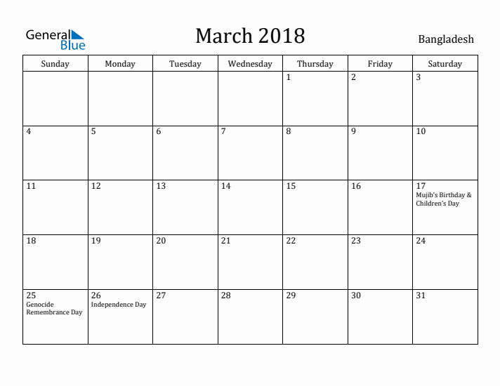 March 2018 Calendar Bangladesh