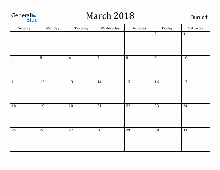 March 2018 Calendar Burundi