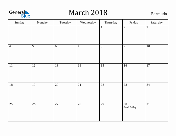 March 2018 Calendar Bermuda