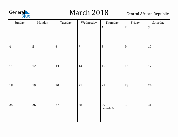 March 2018 Calendar Central African Republic