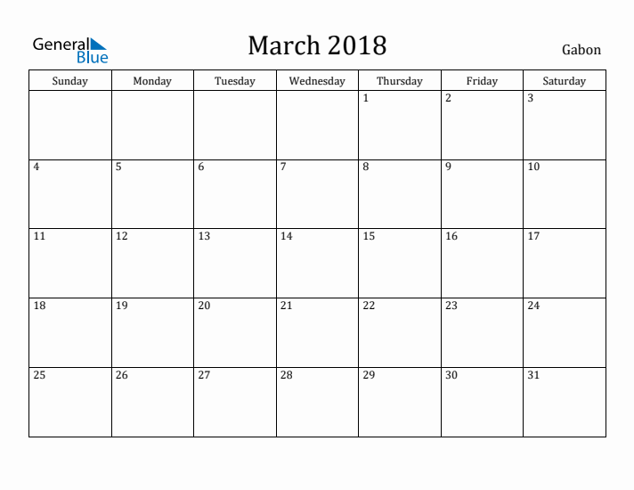 March 2018 Calendar Gabon