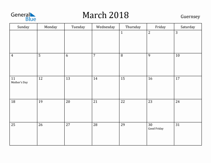 March 2018 Calendar Guernsey