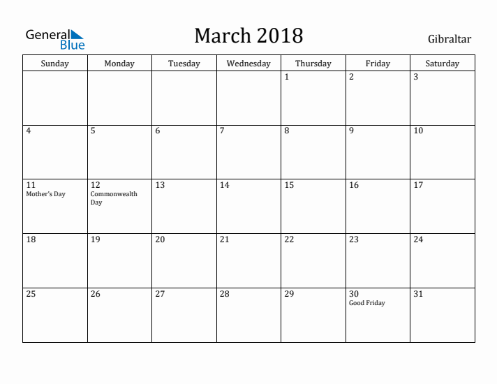 March 2018 Calendar Gibraltar