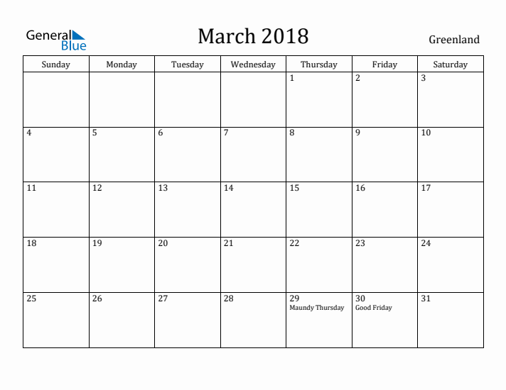 March 2018 Calendar Greenland