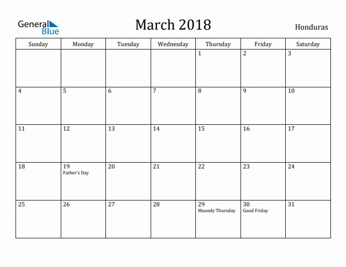 March 2018 Calendar Honduras