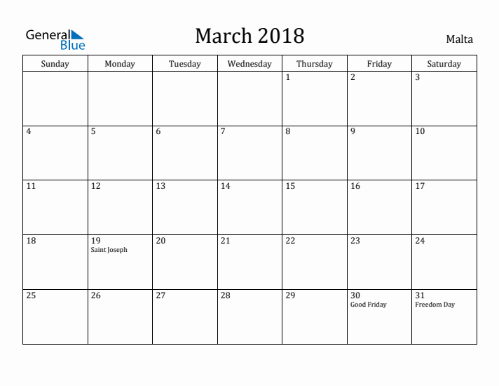 March 2018 Calendar Malta