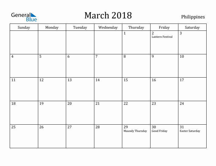 March 2018 Calendar Philippines