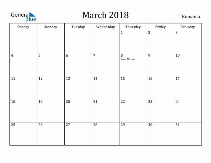 March 2018 Calendar Romania