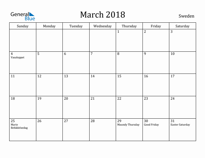 March 2018 Calendar Sweden