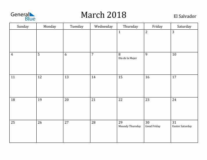 March 2018 Calendar El Salvador