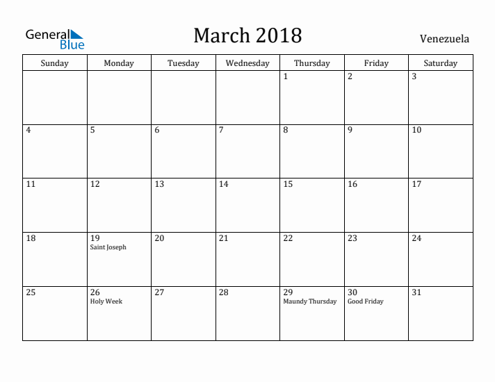 March 2018 Calendar Venezuela