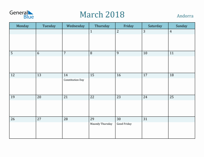 March 2018 Calendar with Holidays