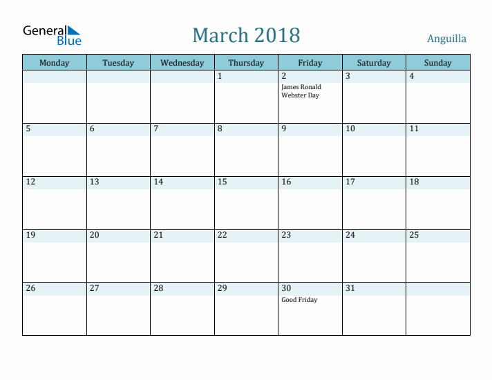 March 2018 Calendar with Holidays