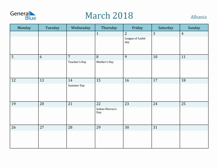 March 2018 Calendar with Holidays