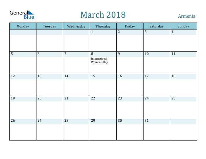 March 2018 Calendar with Holidays