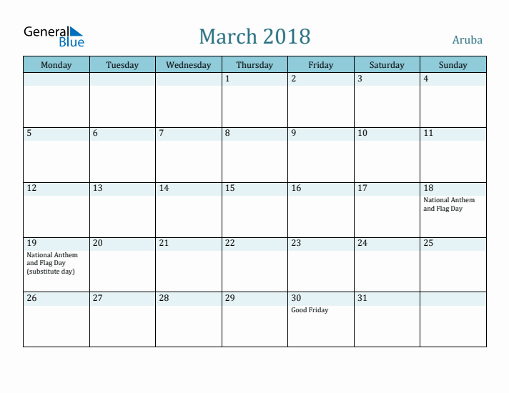 March 2018 Calendar with Holidays