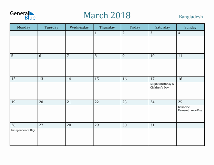 March 2018 Calendar with Holidays