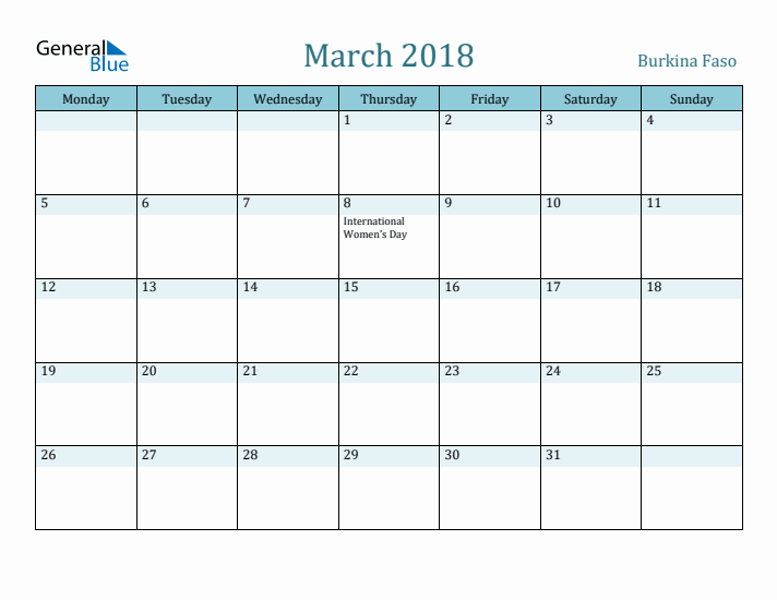 March 2018 Calendar with Holidays