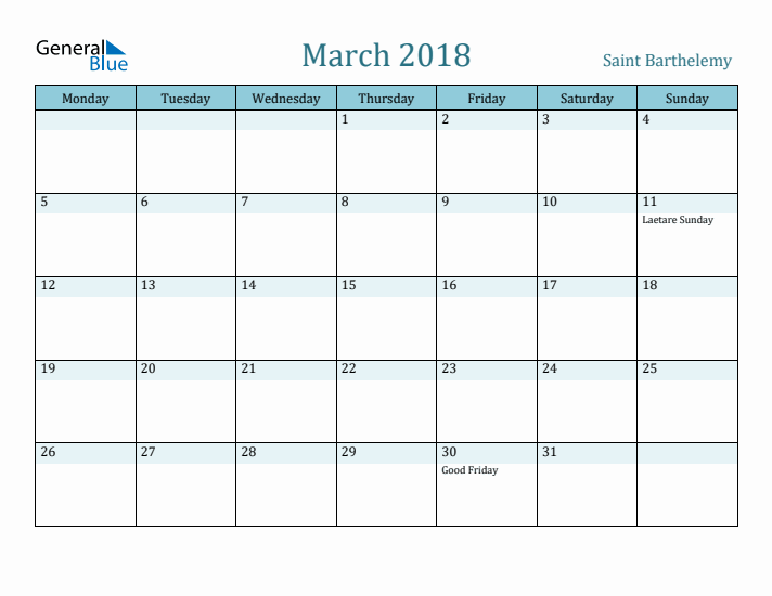 March 2018 Calendar with Holidays