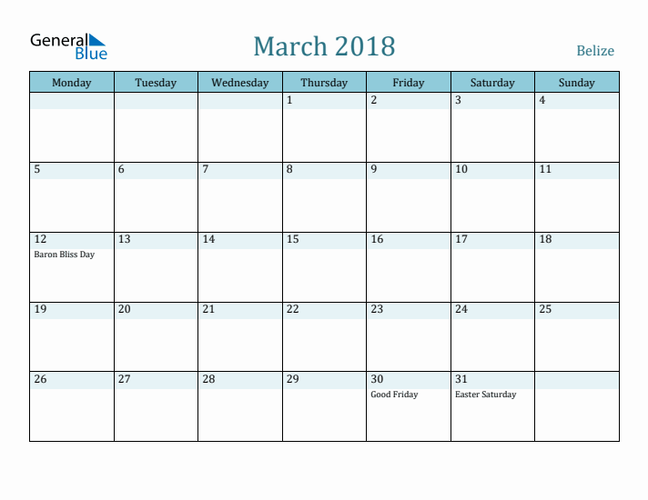 March 2018 Calendar with Holidays