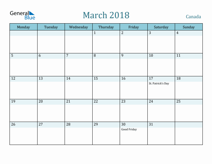 March 2018 Calendar with Holidays