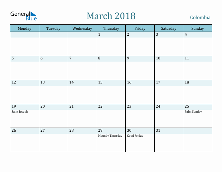 March 2018 Calendar with Holidays