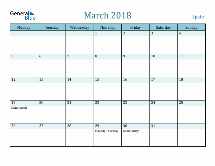 March 2018 Calendar with Holidays