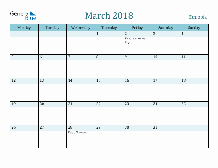 March 2018 Calendar with Holidays