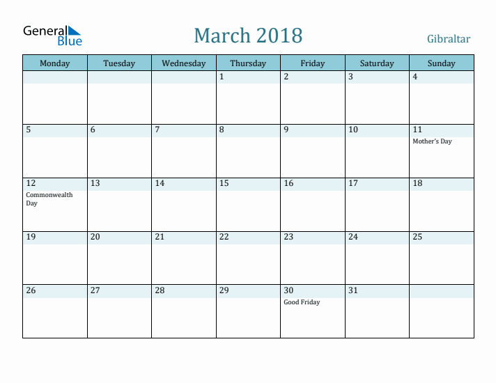 March 2018 Calendar with Holidays