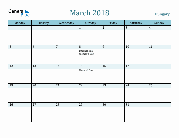 March 2018 Calendar with Holidays