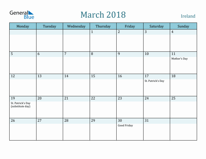 March 2018 Calendar with Holidays