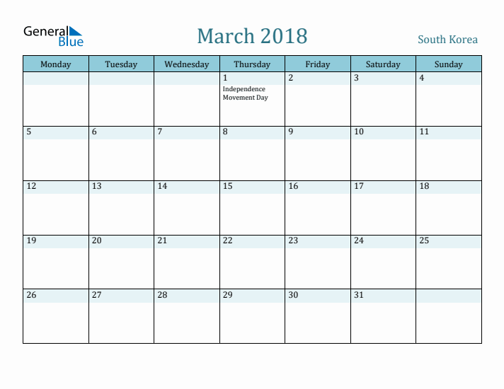 March 2018 Calendar with Holidays