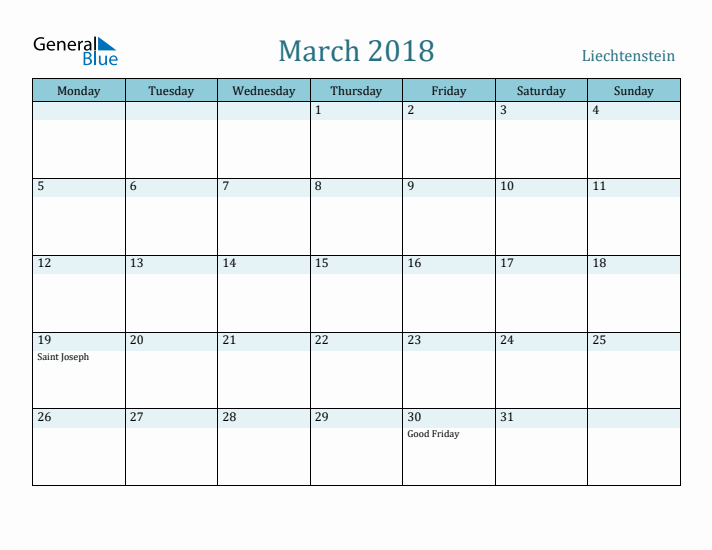 March 2018 Calendar with Holidays