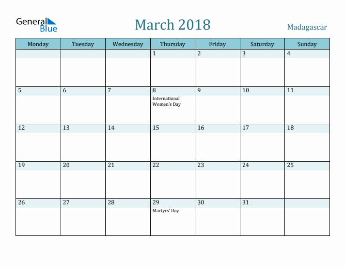 March 2018 Calendar with Holidays