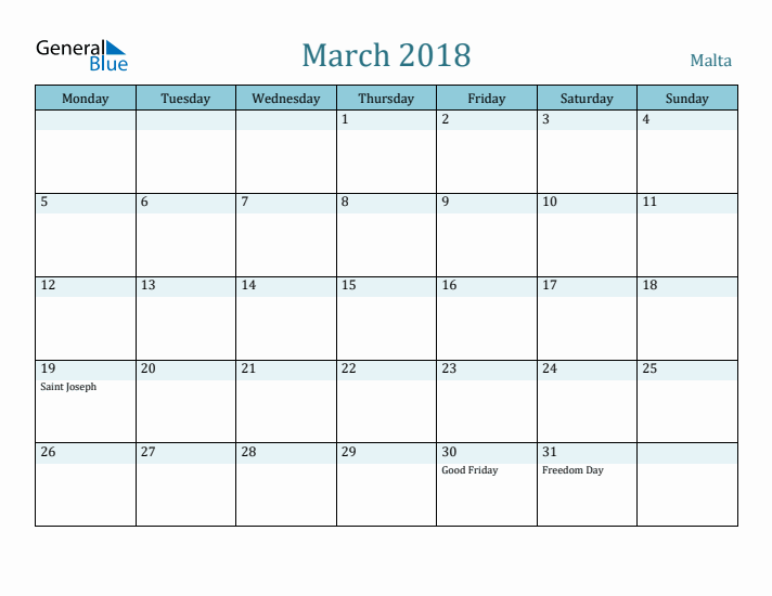 March 2018 Calendar with Holidays