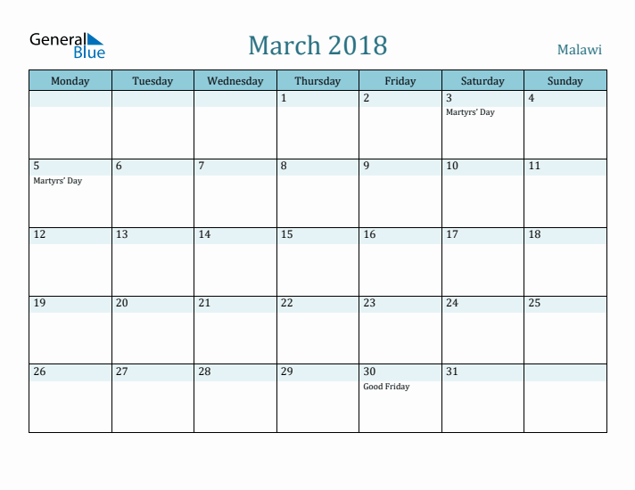 March 2018 Calendar with Holidays