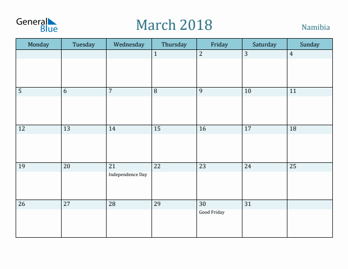 March 2018 Calendar with Holidays