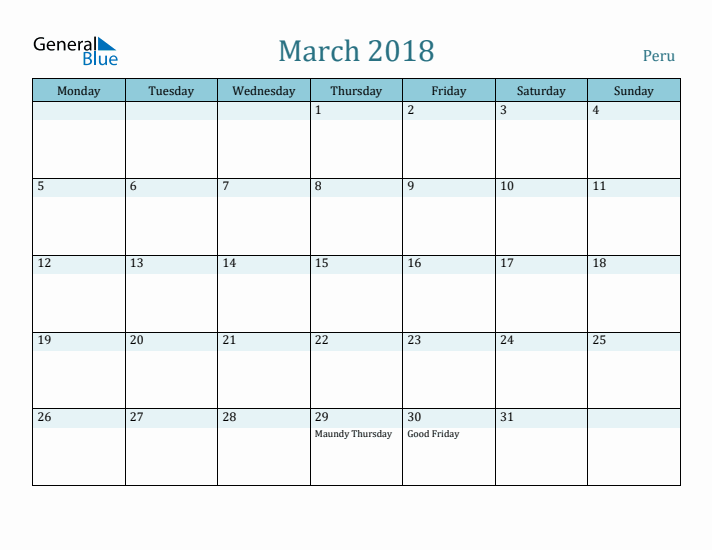 March 2018 Calendar with Holidays