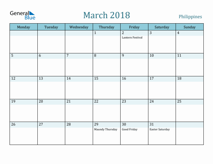 March 2018 Calendar with Holidays