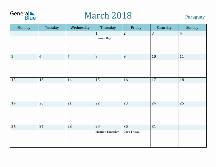 March 2018 Calendar with Holidays