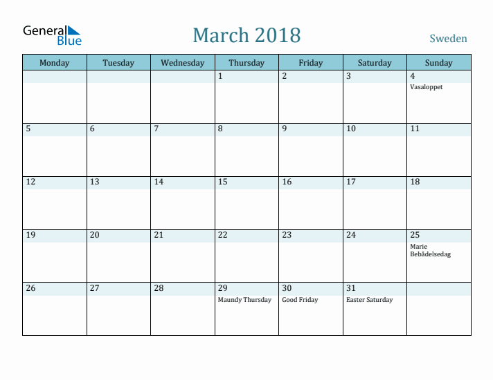 March 2018 Calendar with Holidays