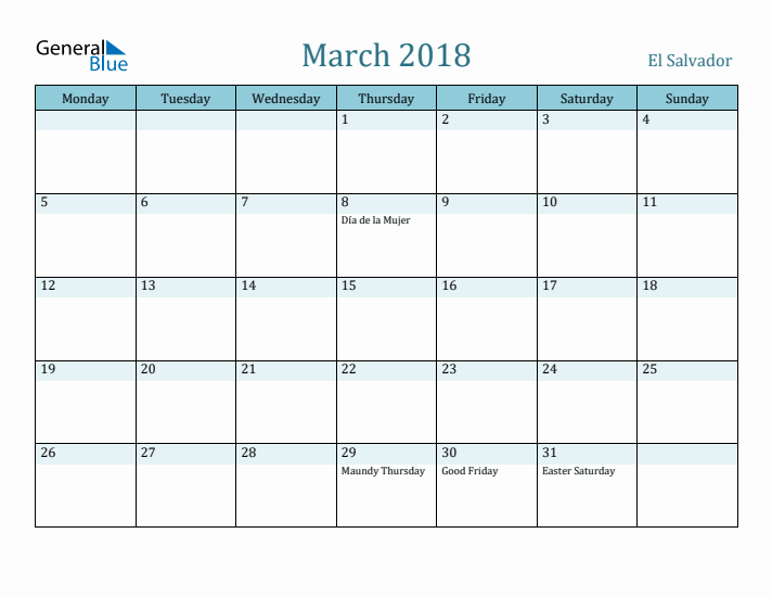 March 2018 Calendar with Holidays