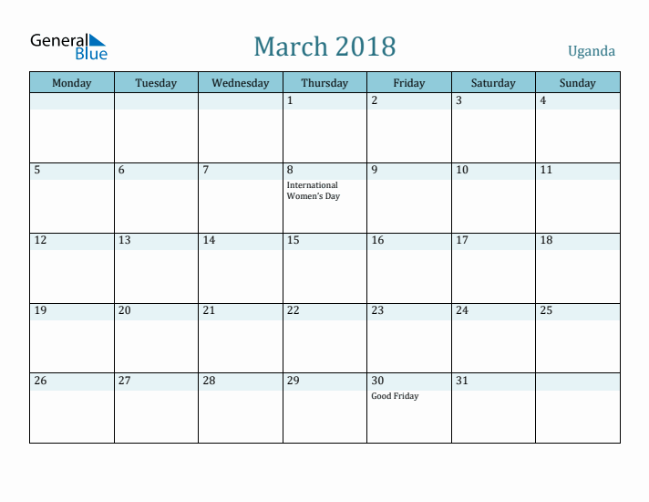 March 2018 Calendar with Holidays