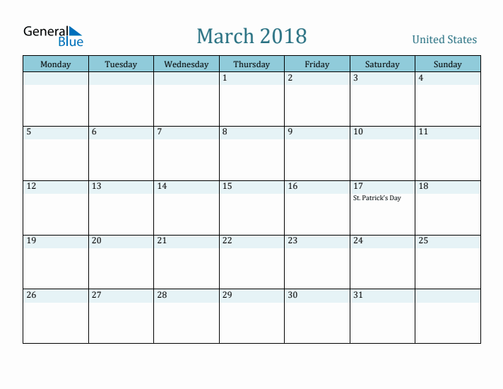 March 2018 Calendar with Holidays